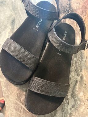 Anne Klein Black Textured Strap Sandals